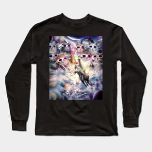 Rainbow Laser Cat With Llama On Unicorn In Space Long Sleeve T-Shirt